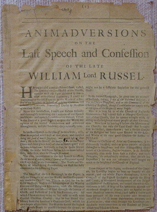 Image for Animadversions on the Last Speech and Confession of the late William Lord Russel.