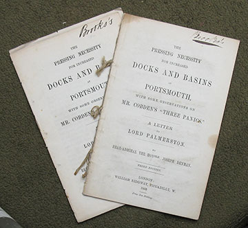 Image for The Pressing Necessity for Increased Docks and Basins at Portsmouth, with some Observations on Mr. Cobden's "Three Panics". A Letter to Lord Palmerston.  [with]  The Pressing Necessity for Increased Docks and Basins at Portsmouth, with some Observations on Mr. Cobden's "Three Panics". A Letter to Lord Palmerston.