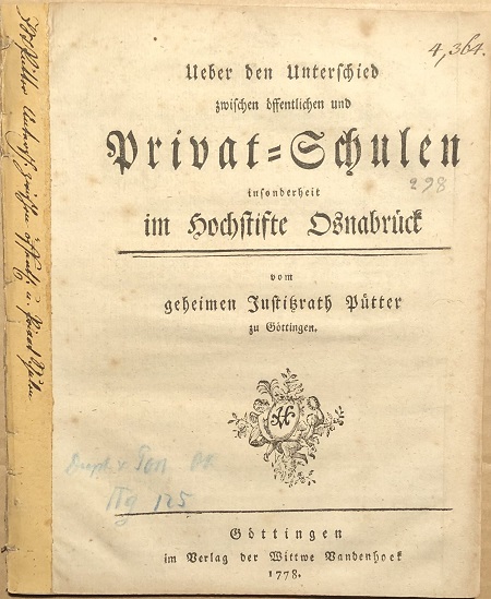Image for Über den Unterschied zwischen öffentlichen und Privat-Schulen insonderheit im Hochstifte Osnabrück. vom geheimen Justizrath Putter zu Gottingen.