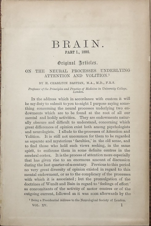 Image for On The Neural Processes Underlying Attention And Volition. [In]: Brain. Part I., 1892. Original Articles.