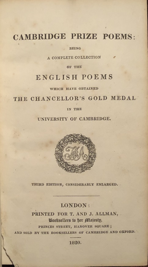 Image for CAMBRIDGE PRIZE POEMS: Being a Complete Collection of the ENGLISH POEMS Which Have Obtained The Chancellor's Gold Medal in the University of Cambridge. Third Edition, Considerably Enlarged.
